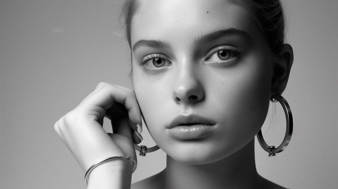 Close-up shot of a woman wearing diamond-encrusted huggie hoop earrings