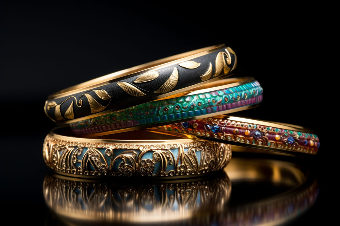 An array of cuff bracelets and bangles styled together, showcasing the versatility of these jewelry pieces