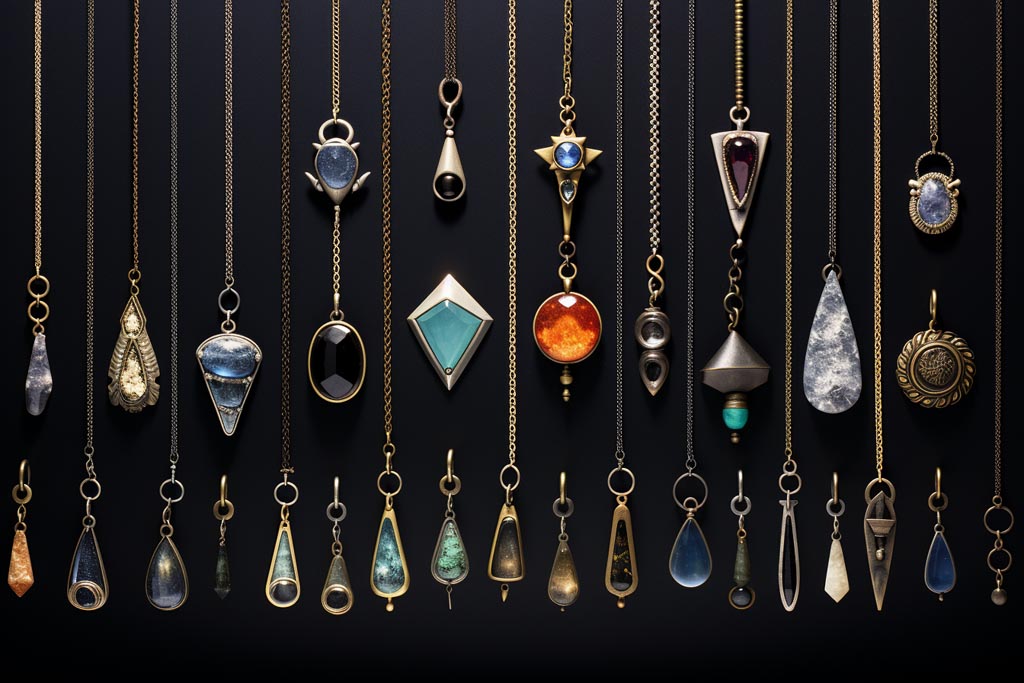 A visual timeline of crystal pendants from different eras and civilizations, showing the evolution of their design and usage.