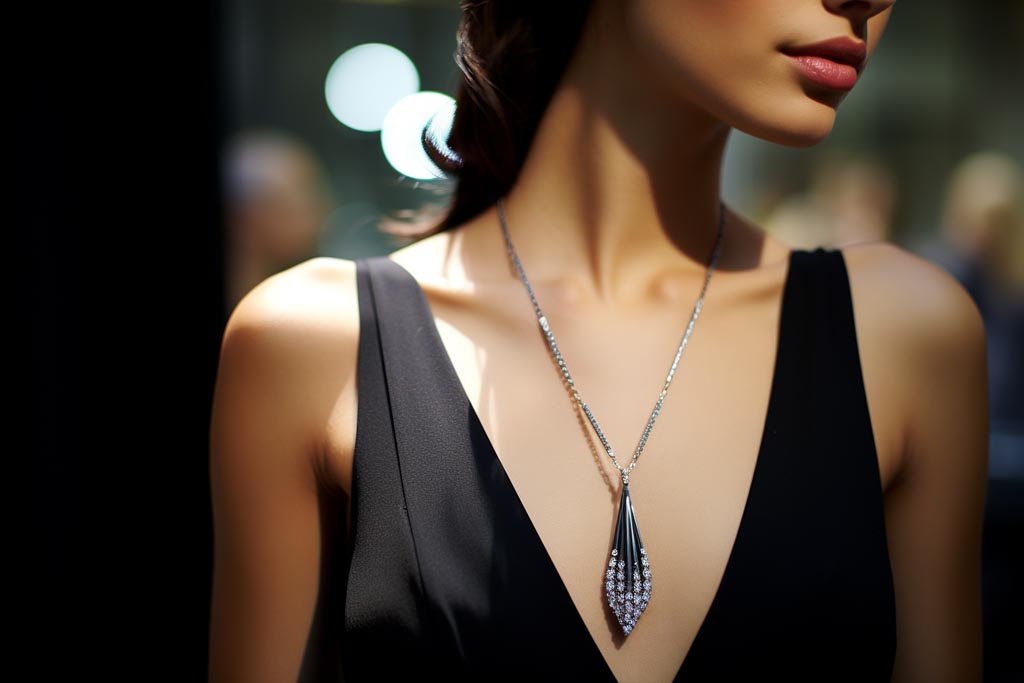 A stylish individual making a fashion statement with a dazzling crystal pendant, illustrating the trend and relevance of these accessories in modern fashion.