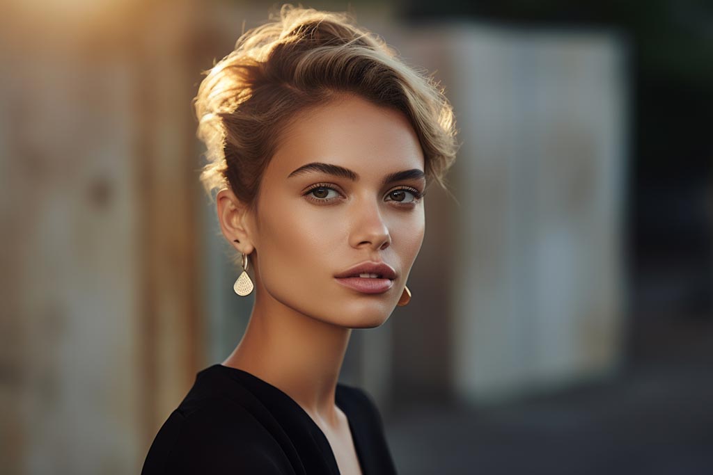 Stylish woman in casual attire revealing a gleaming stud earring, depicting the role of stud earrings in everyday fashion