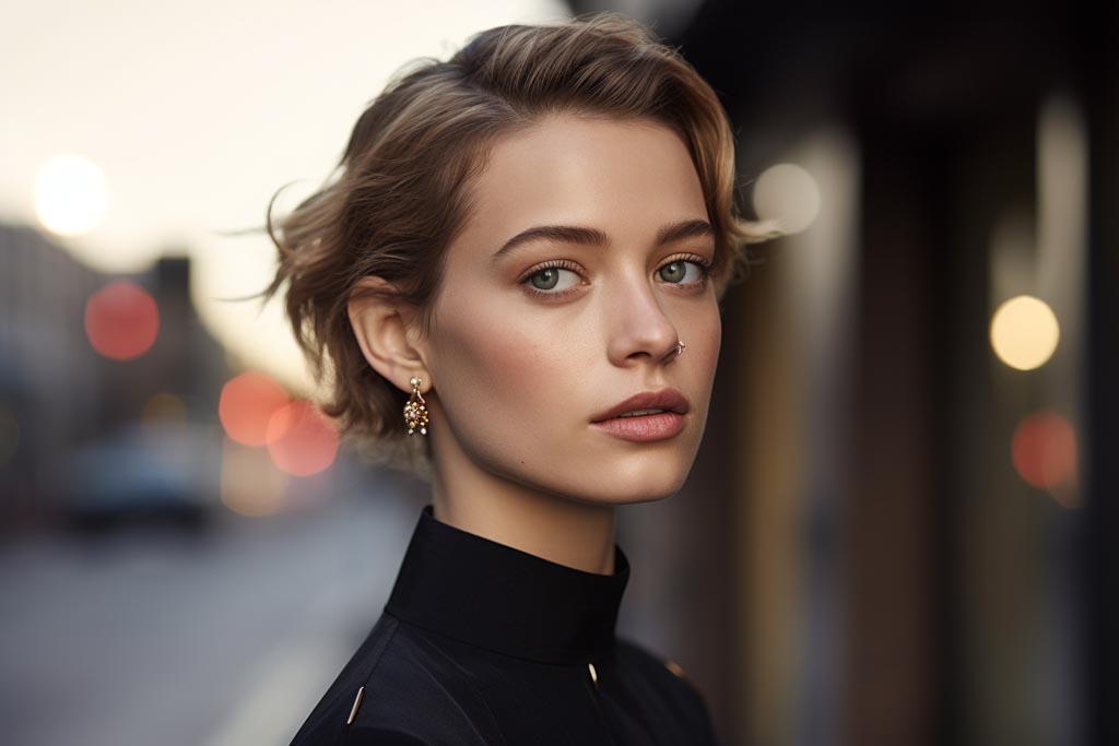 High-fashion runway model showcasing exquisite stud earrings, representing the impact of studs in haute couture.