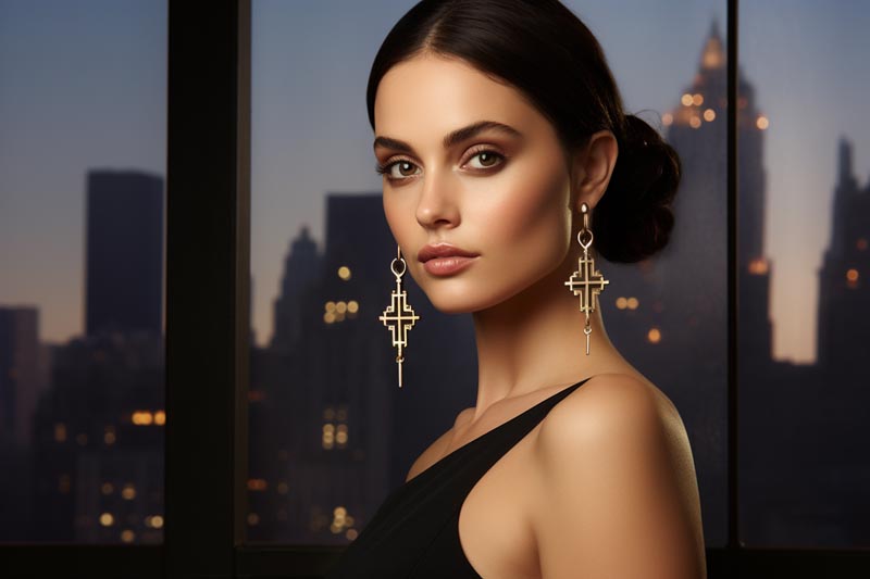 Asymmetrical gold cross earrings styled on a model, symbolizing the eclectic and personalized fashion trend in modern jewelry.