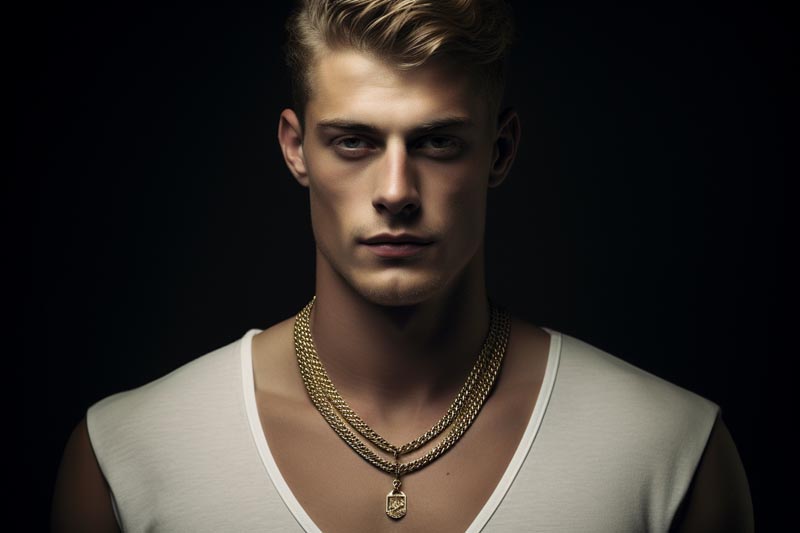  Stylish male model wearing a men's gold necklace, exemplifying the accessory's contribution to a modern, fashionable look.