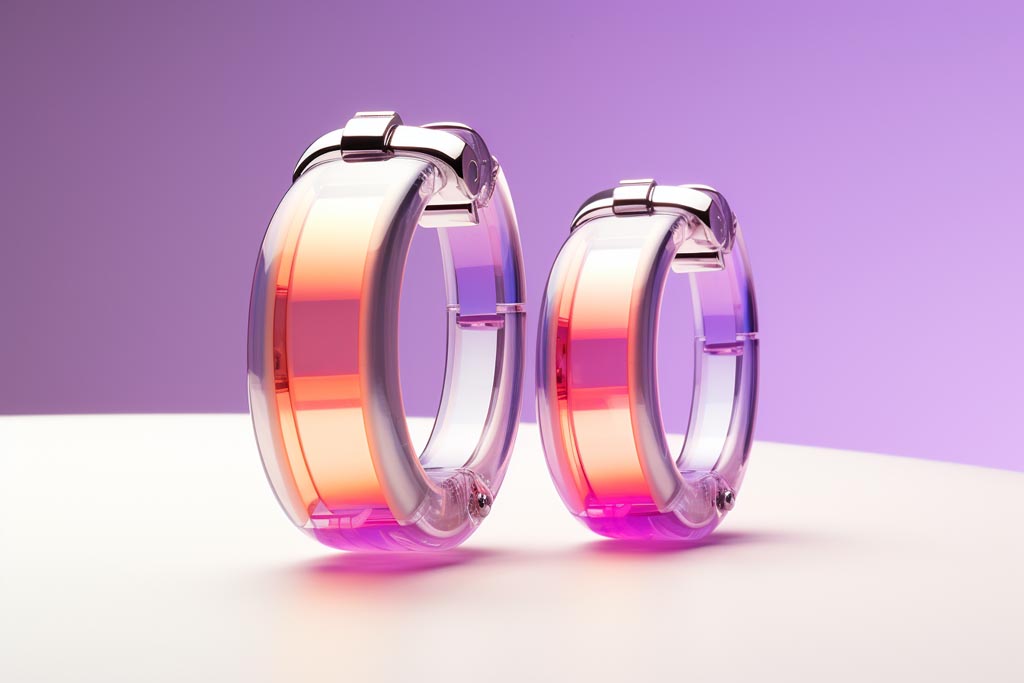 A graphic representation of predicted future trends of huggie hoop earrings, featuring personalized designs, sustainable materials, and a concept of 'virtual huggie' indicating the potential future of digital huggie hoop earrings